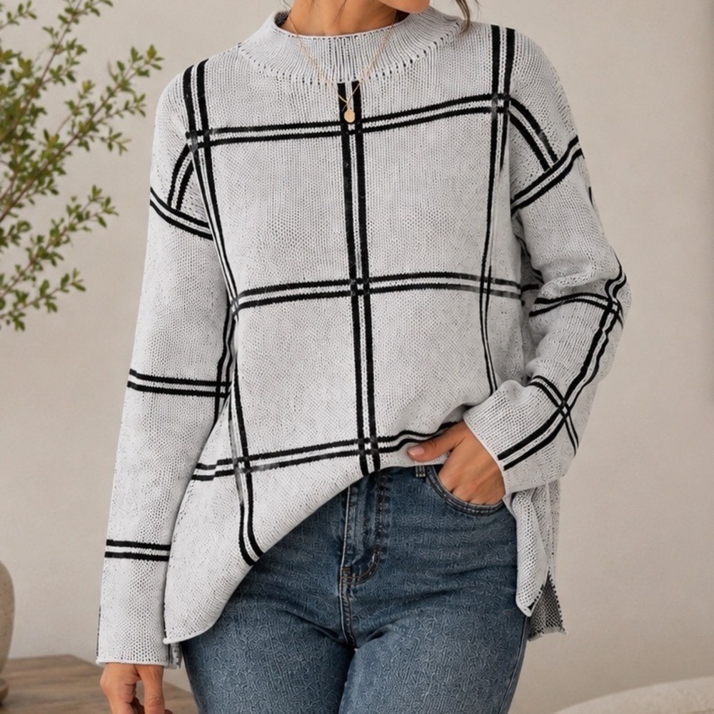 Black White Windowpane Plaid Oversized Knit Sweater Preppy Minimalist M
